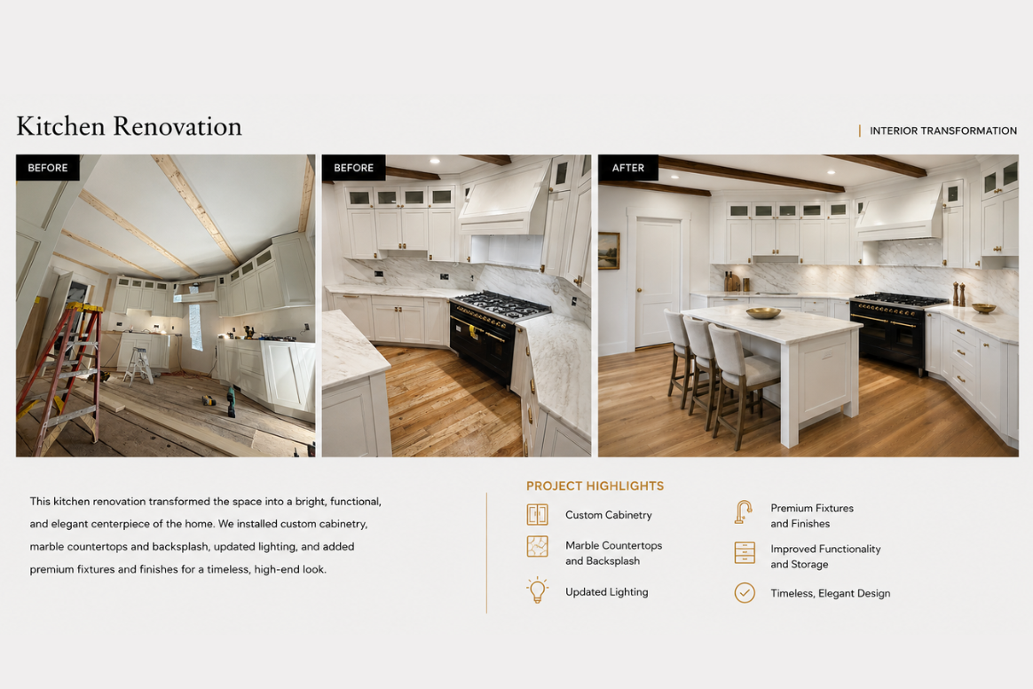 Before and after photos of a kitchen renovation, showing the transition from an unfinished space with exposed ceiling beams to a finished, bright, white kitchen with marble countertops, cabinetry, and lighting.
