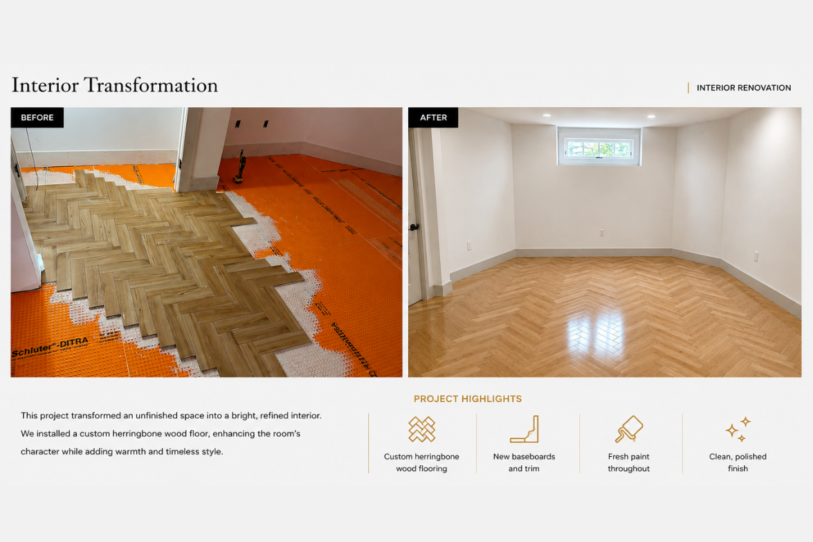 Side-by-side before and after photos of an interior renovation showing new wood flooring in a bright room with white walls and a window.