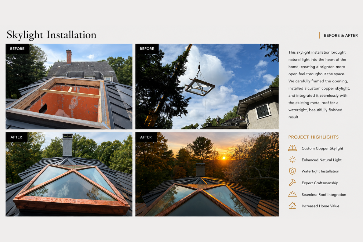 A collage showing the installation process of a custom copper skylight on a house roof. The first row shows before images, with the skylight frame uninstalled and the sky visible through a hole. The second row displays after images with the finished copper skylight installed and a sunset view from inside the house.