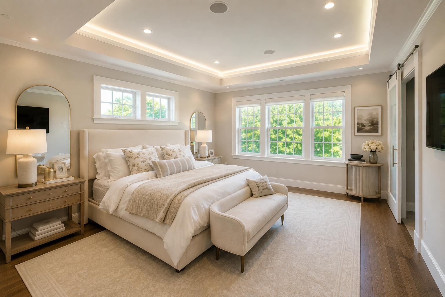 Bright and spacious bedroom with a large bed, beige upholstered headboard, side tables with lamps, large windows with green trees outside, and light-colored decor.