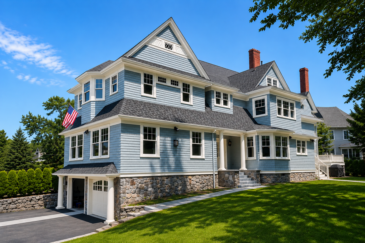 Blue Victorian house with multiple windows, stone foundation, front porch, stairs, and an American flag, surrounded by green trees and lawn.