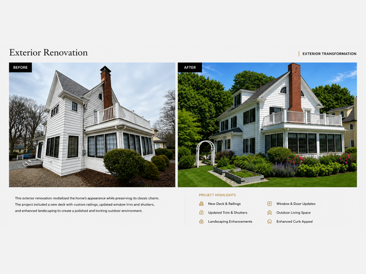 Side-by-side before and after photos of a house exterior renovation, showing a white house with a new deck, updated windows, landscaping, and enhanced curb appeal.