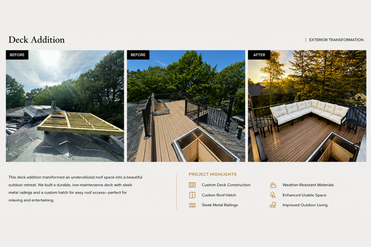 Before and after photos of a roof deck transformation showing an unfinished roof, then a finished wooden deck with outdoor seating surrounded by trees during sunset.