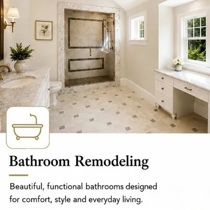 A renovated bathroom with a glass shower, white vanity, and side table, decorated with plants and framed art.
