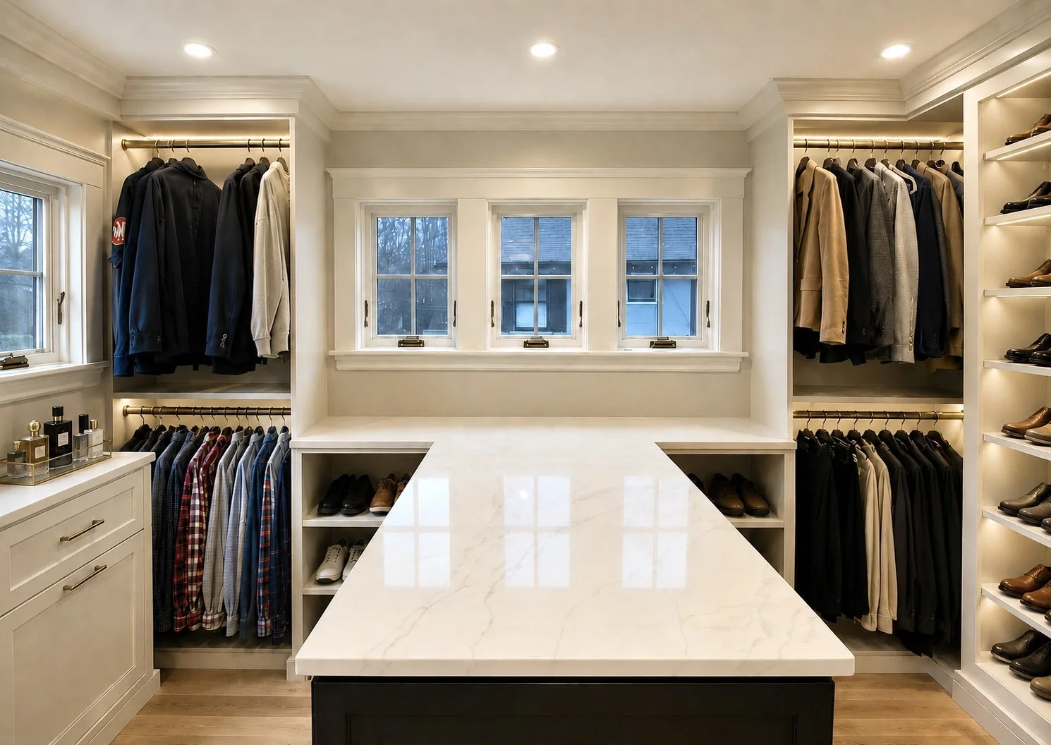 A walk-in closet with built-in shelving and hanging space filled with men's clothing, shoes, and accessories, illuminated by ceiling lights and three windows.