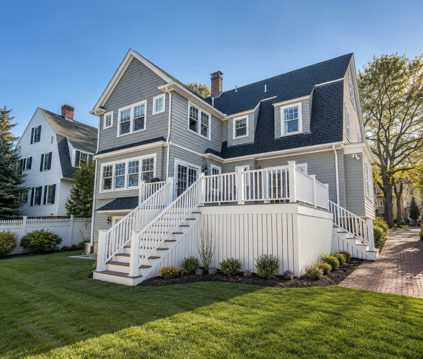 A large, two-story house with gray siding and white trim, featuring a black shingle roof and a white railing deck with stairs. The house is surrounded by a well-maintained lawn and garden, with a brick pathway on the right and neighboring houses visi