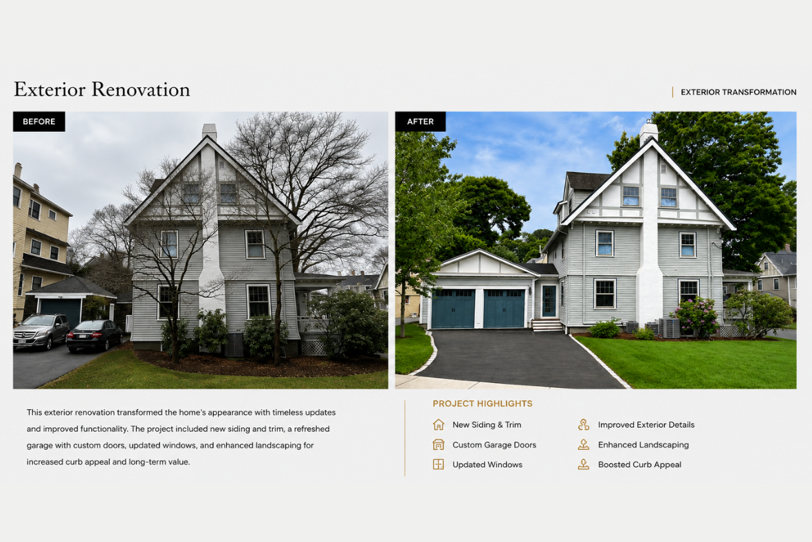 Comparison of front of house before and after exterior renovation, showing new siding, trim, driveway, garage doors, and landscaping.