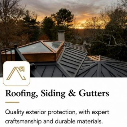 View of a rooftop at sunset with visible roofing, siding, and gutter materials.