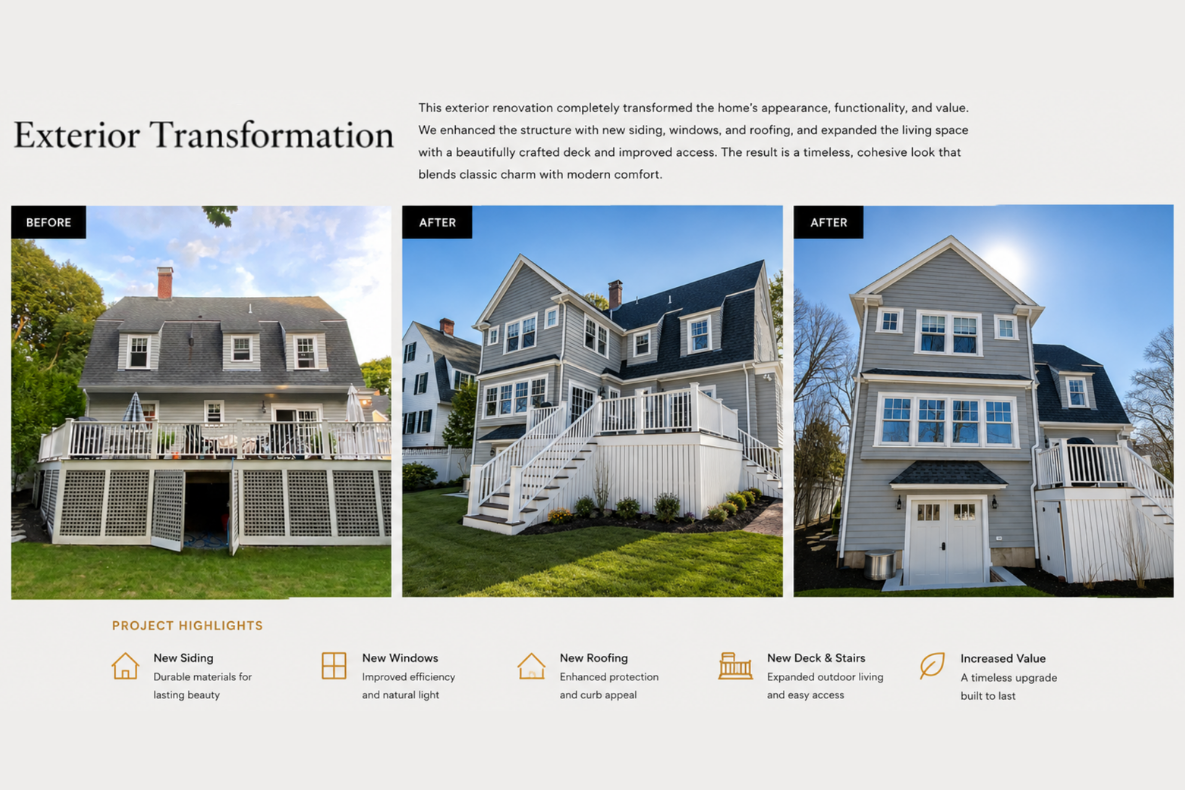 Side-by-side comparison of a house before and after exterior renovation showing new siding, windows, roofing, deck, stairs, and increased curb appeal.