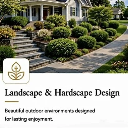 Beautiful landscaped front yard with bushes and trees in front of a white house with steps leading to the entrance.