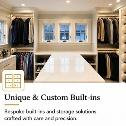 Clean walk-in closet with custom built-in shelves and hanging space for clothes, illuminated by natural light from three windows.