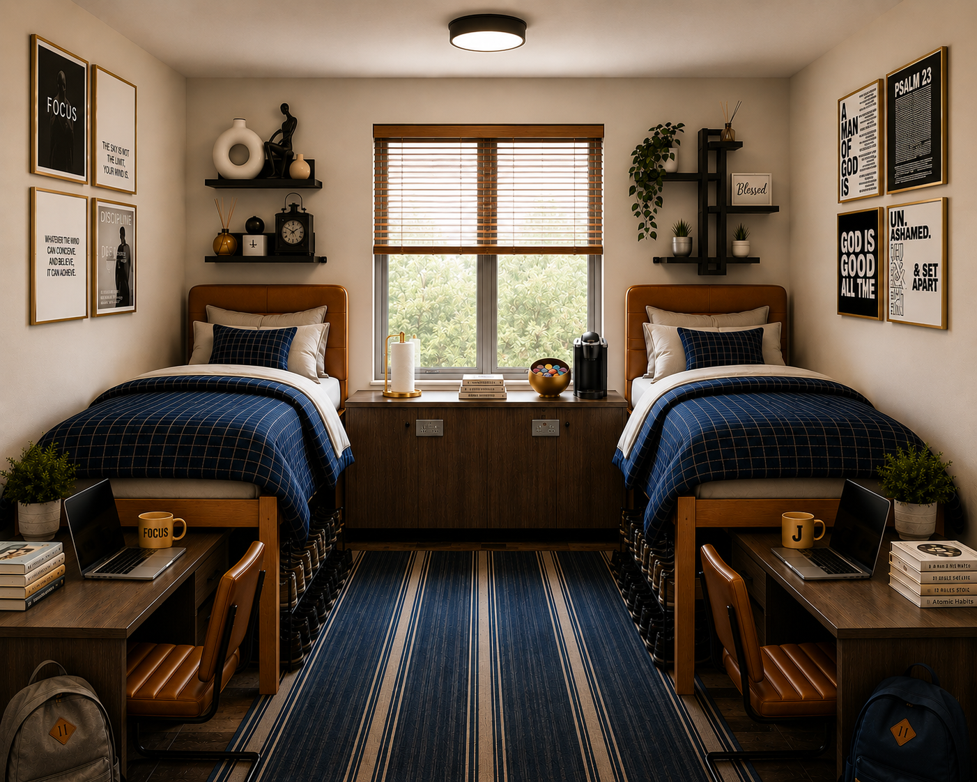 A cozy bedroom with two twin beds, blue plaid bedding, and wooden headboards, separated by a window with blinds. Decor includes framed quotes and artwork on the walls, floating shelves with decorative items, a wooden desk with a laptop, books, and a mug, and a striped blue and beige rug on dark wood floors.