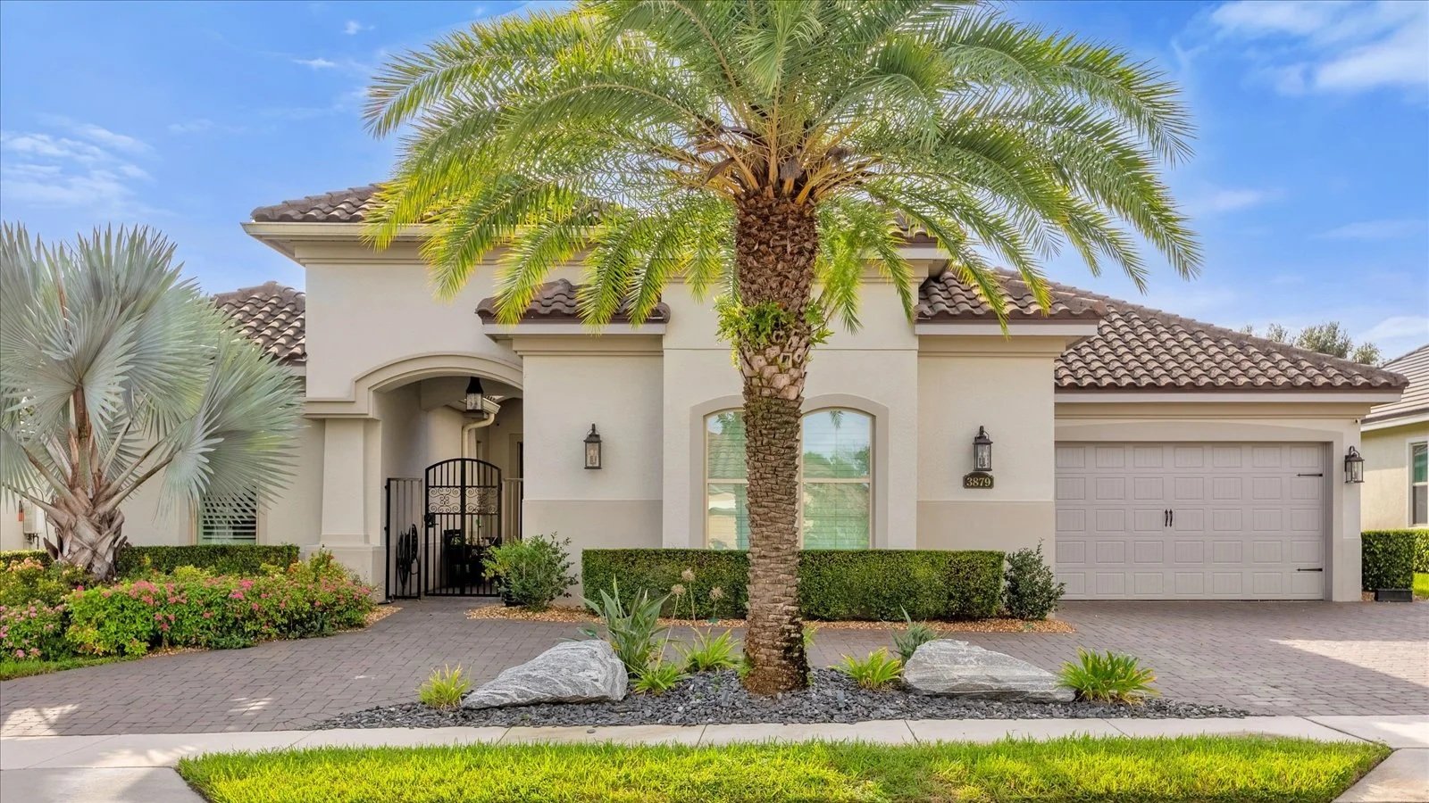 Front view of a modern house with a palm tree in the yard, featuring a driveway and a garage, under a clear blue sky.