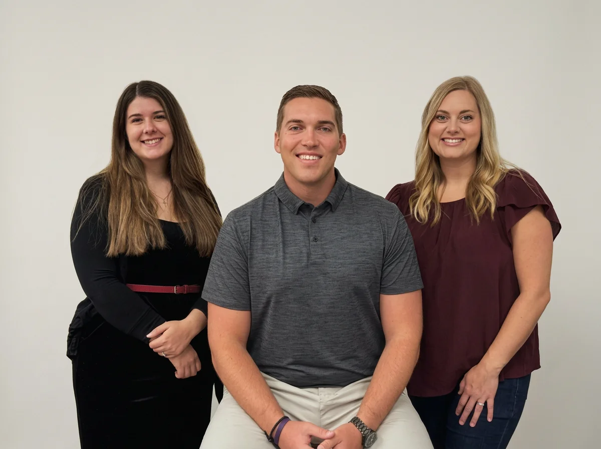 Three smiling adults, two women and one man, posing against a plain light-colored wall.