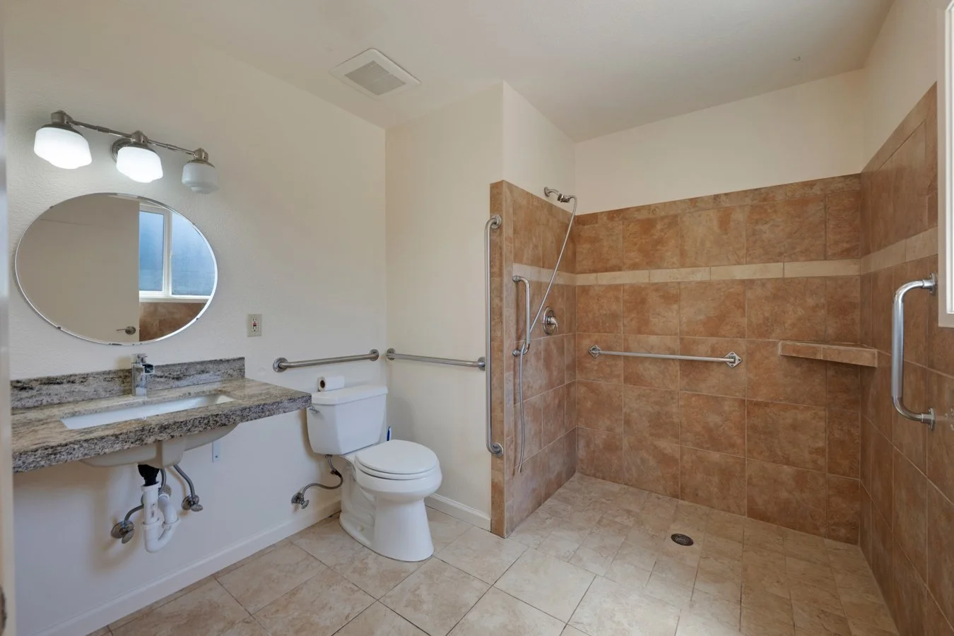 Bathroom with a granite countertop sink, a toilet, a large walk-in shower with brown tiles, and grab bars for accessibility.