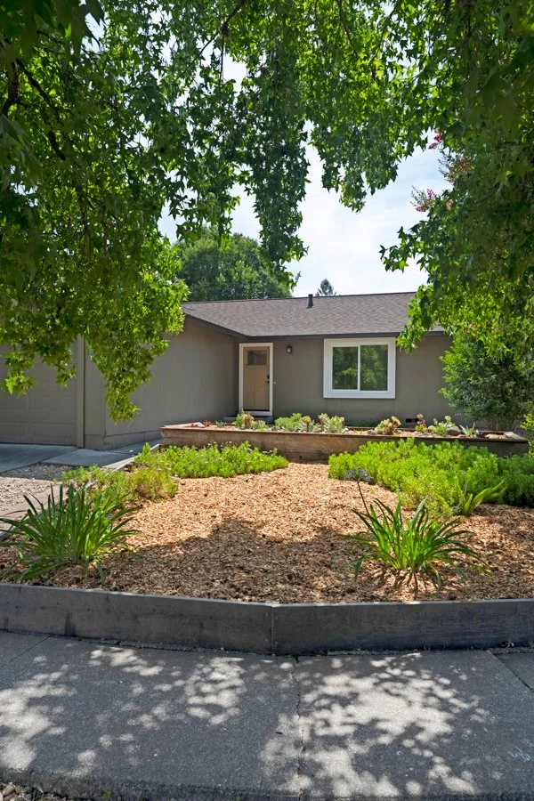 Front yard of a house with trees, a garden bed, and a driveway.