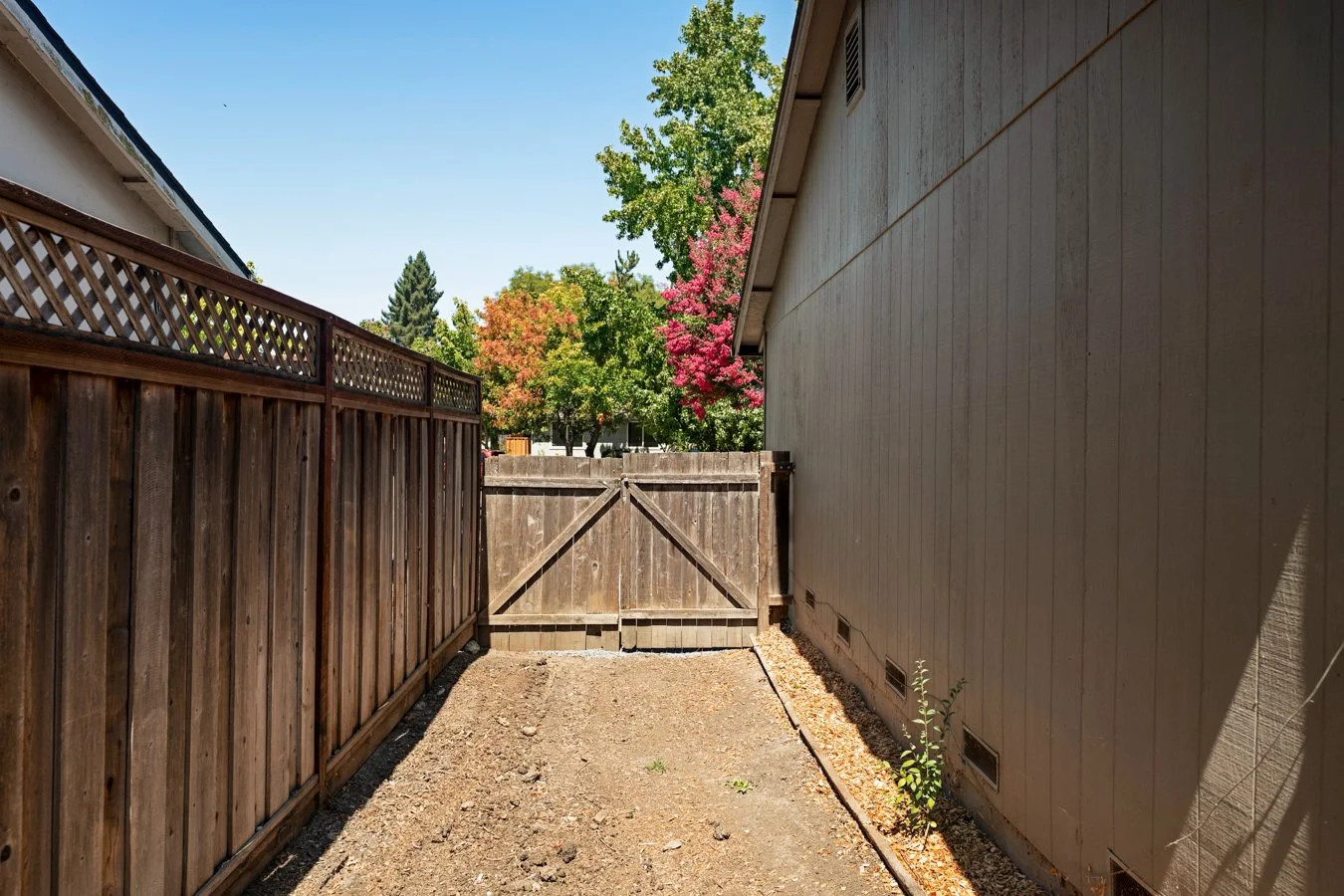 A small backyard space enclosed by wooden fences with a new gate, dirt ground, and a beige house wall on the right. Colorful trees with green and pink leaves are visible in the background under a clear blue sky.