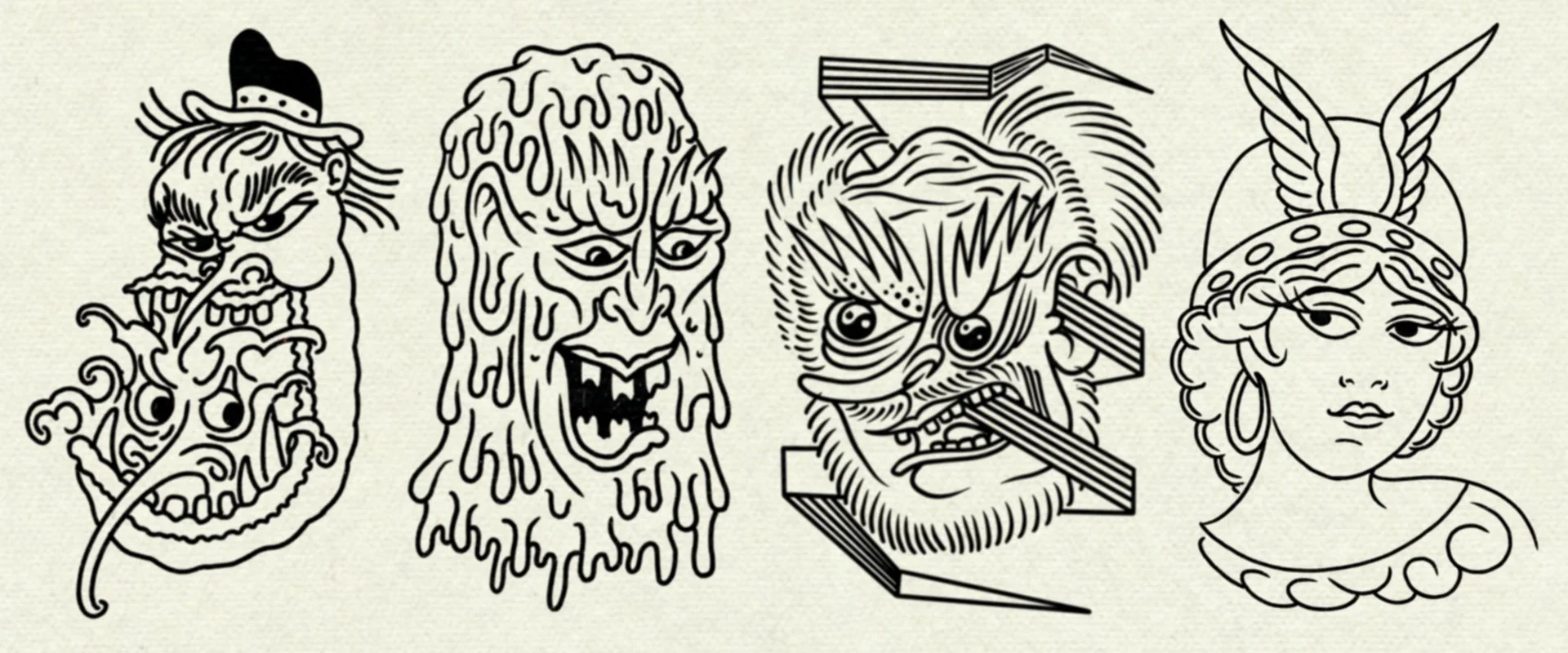Four black and white line art drawings of different characters on a beige background: a whimsical wizard with a hat, a monstrous face with hair, a stylized angry face with sharp features, and a portrait of a woman wearing a headdress with feathers.