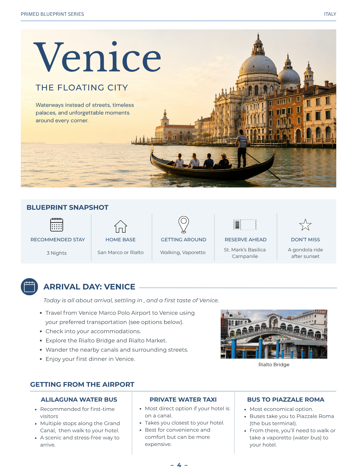 Venice planning page from PRIMED Italy Travel Blueprint