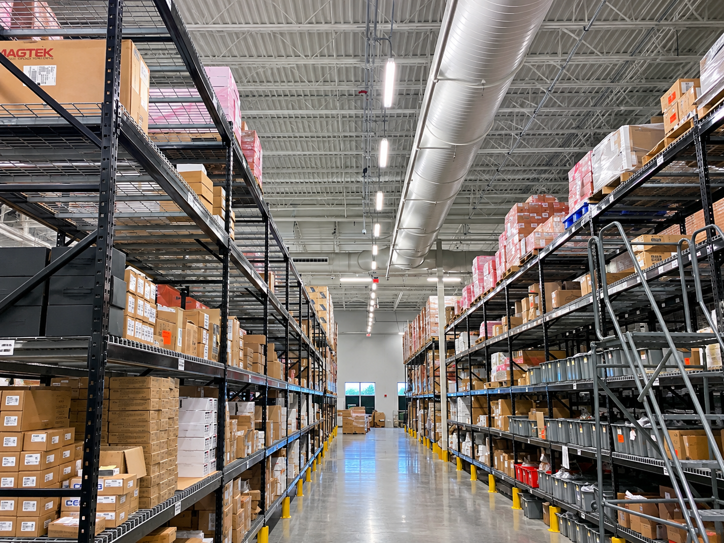 Industrial distribution warehouse with high-bay lighting, HVAC ductwork, and storage racking.