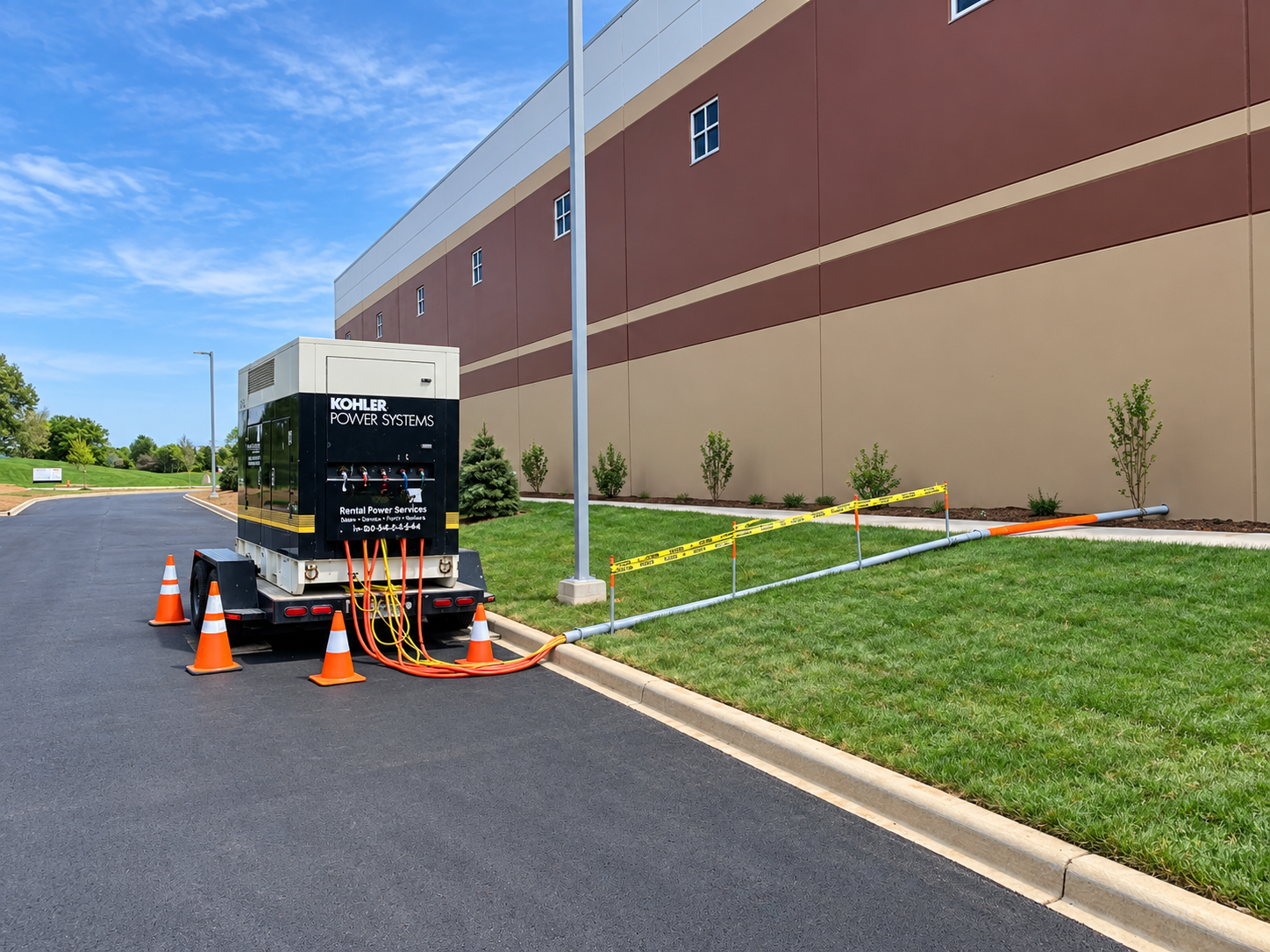 Temporary Kohler generator and emergency power installation serving an industrial facility.