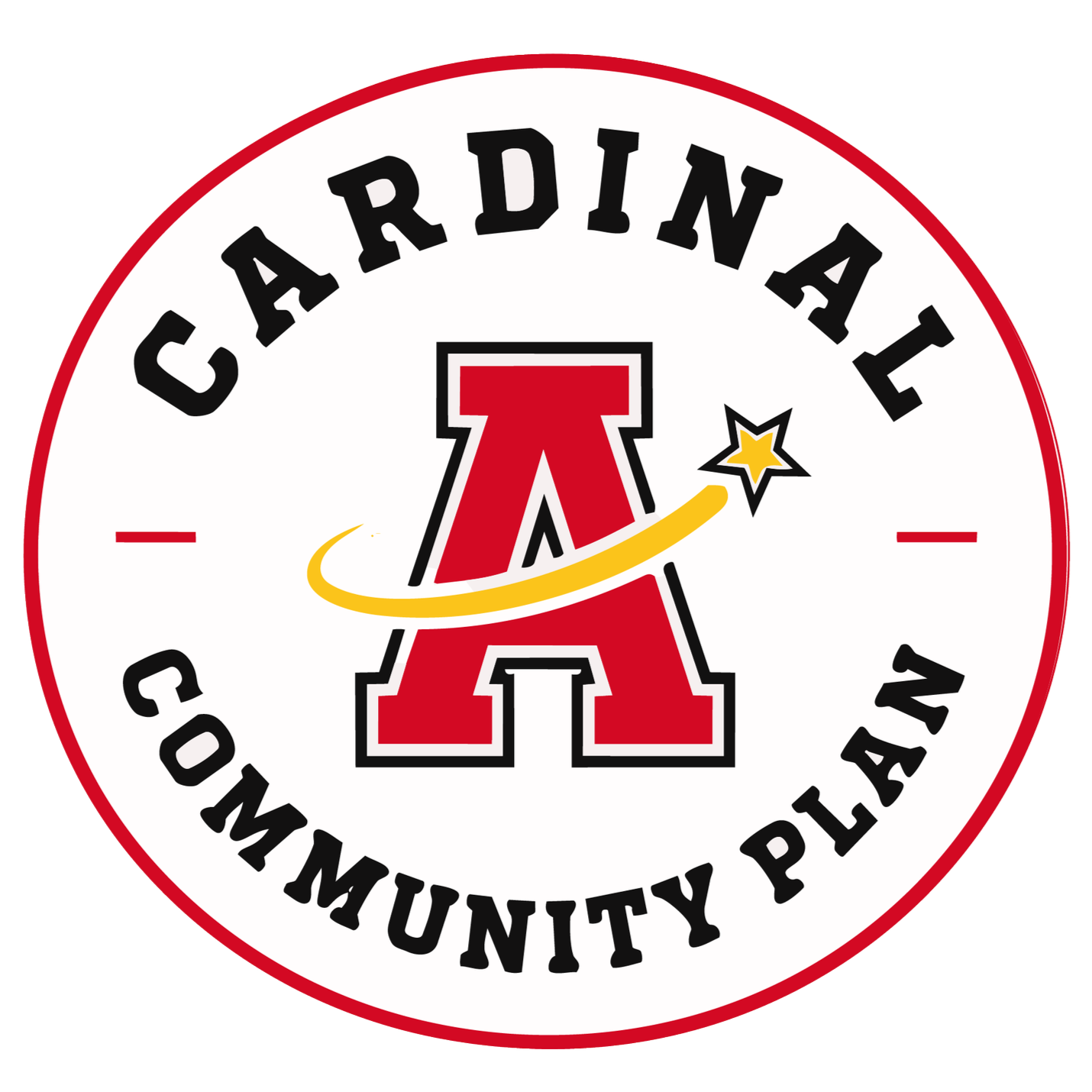 Logo of the Cardinal Community Plan, featuring a red and black 'A' with a yellow swoosh and a yellow star, encircled by the plan name.