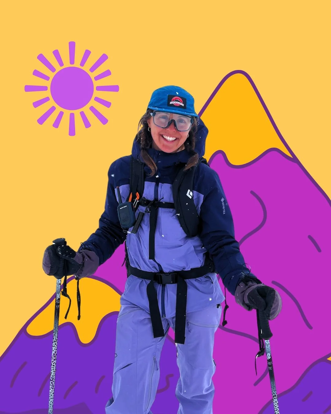 A woman in winter gear, including a purple and navy jacket, purple pants, gloves, and a blue cap, smiling while holding ski poles. The background features a yellow and purple illustrated mountain scene with a purple sun.