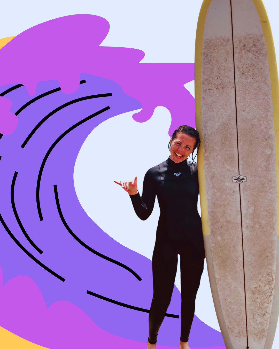A woman in a wetsuit standing next to a surfboard and smiling, with a digital illustration of a purple wave in the background.