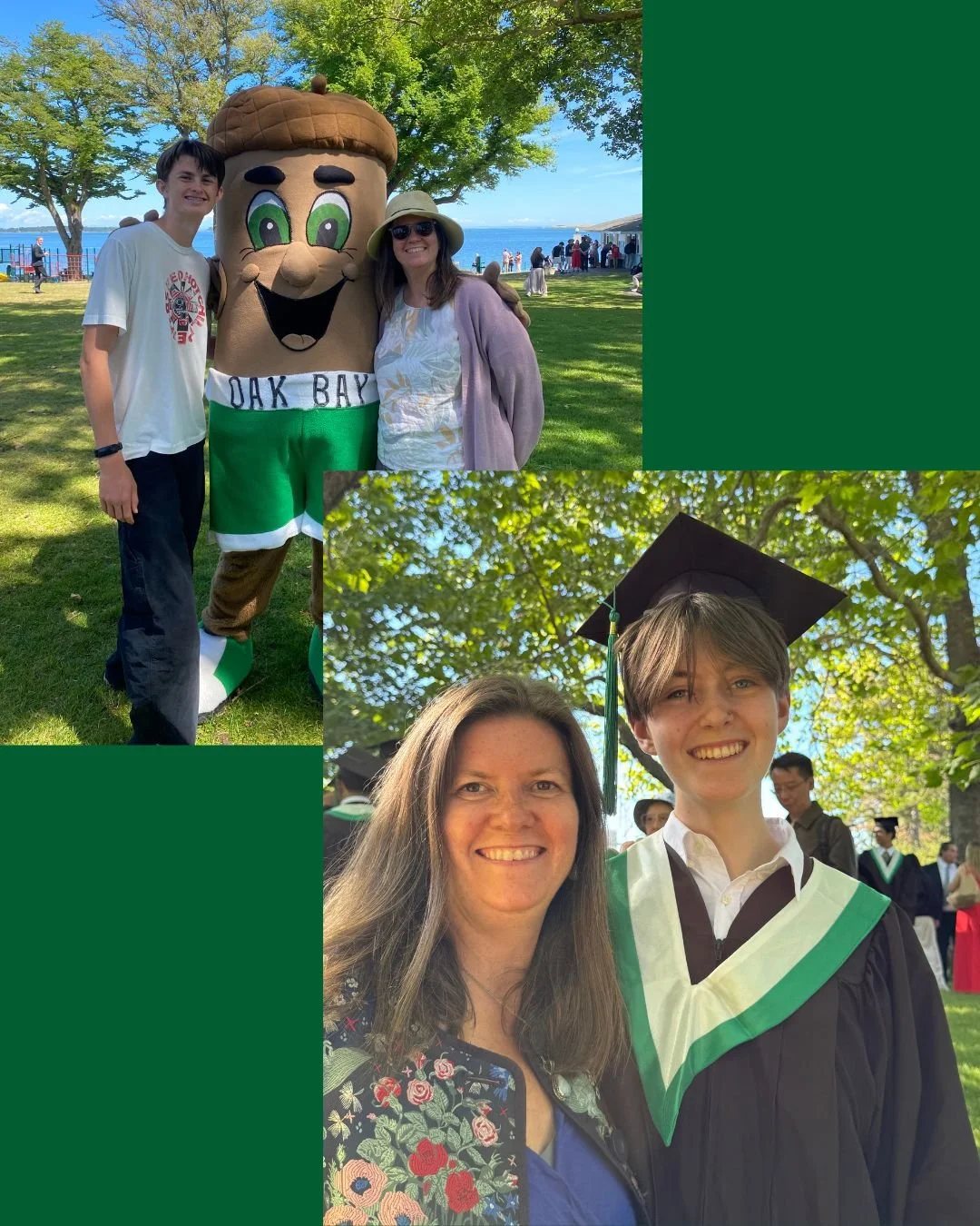 Two photos. The first features a woman and a teenager standing with a person dressed in a large tree mascot costume, outdoors with trees and a view of water in the background. The second shows a woman and a teenage boy in graduation gowns and caps, smiling, under a tree with sunlight filtering through the leaves.