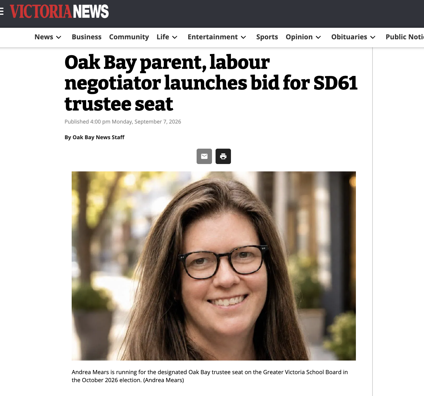 Smiling woman in news story "Oak Bay Parent, labour negotiator launches bid for SD61 trustee seat"