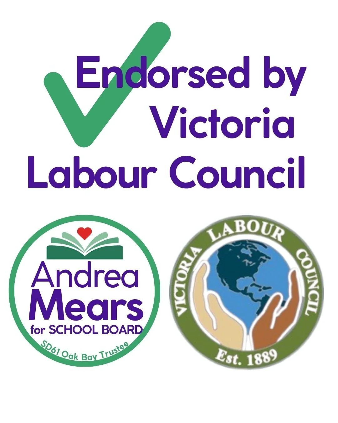purple letters and green checkmark that reads "endorsed by victoria labour council" Andrea Mears