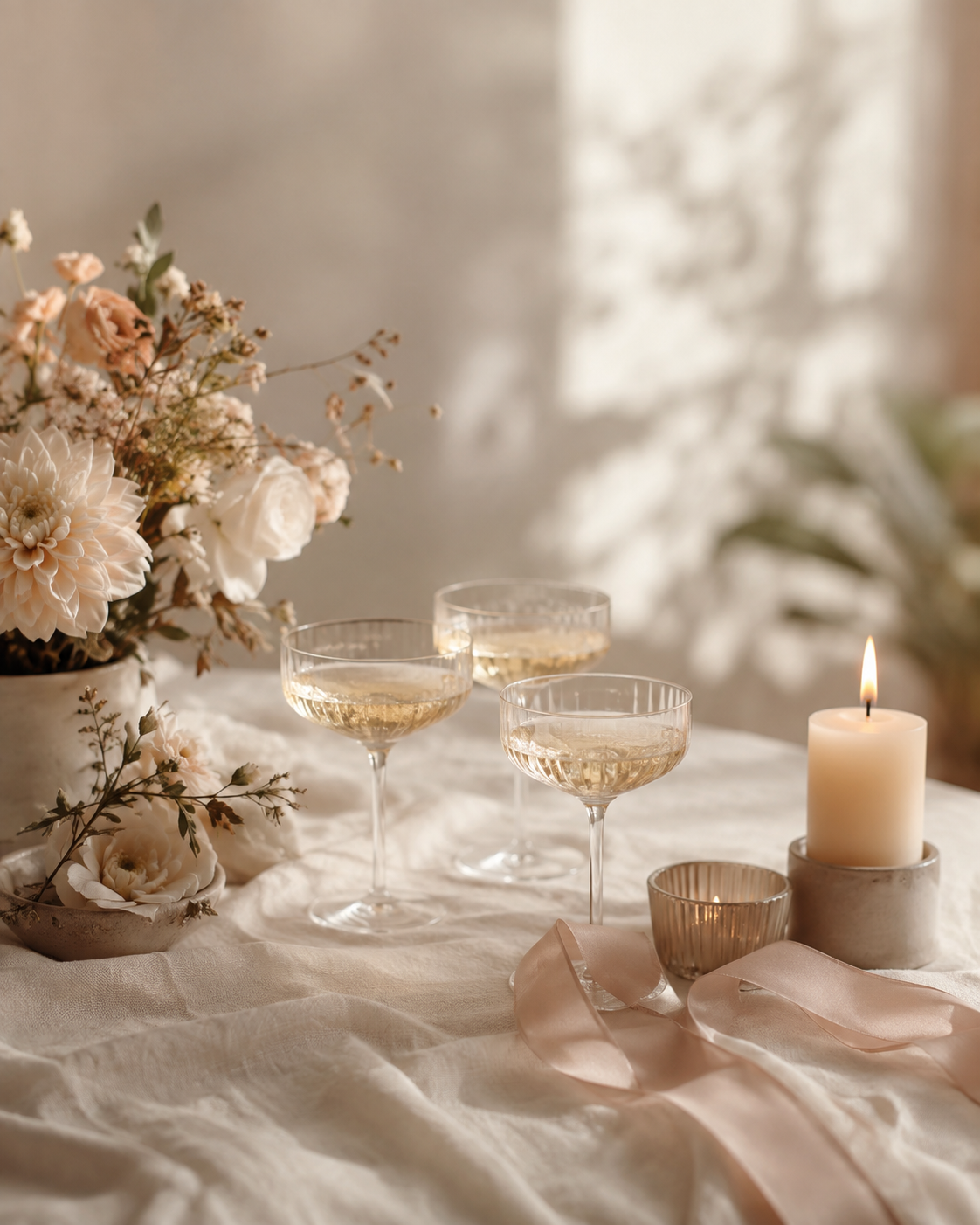 Elegant table setting with champagne glasses, a lit candle, a pink ribbon, and a floral centerpiece on a cream-colored tablecloth in soft natural lighting.