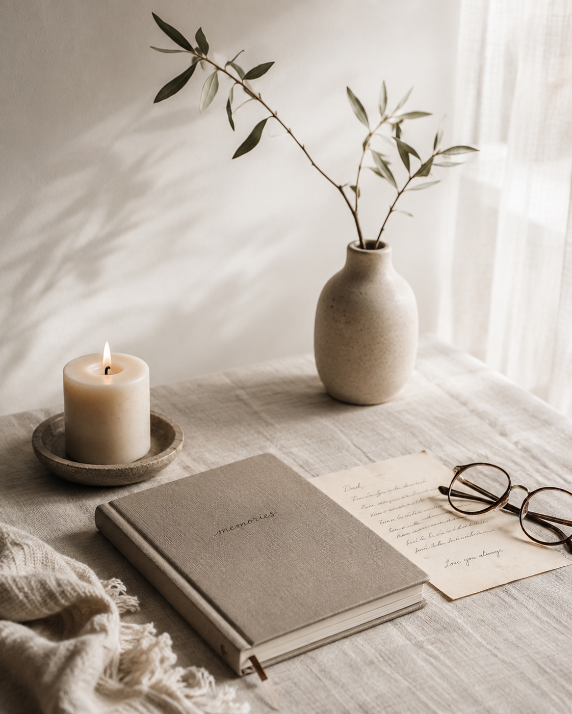 A beige table with a lit candle in a stone holder, a gray textured notebook titled 'memories', a handwritten letter or note, a pair of round glasses, a white ceramic vase with branches and leaves, and a cream-colored cloth with fringes, illuminated by natural light.