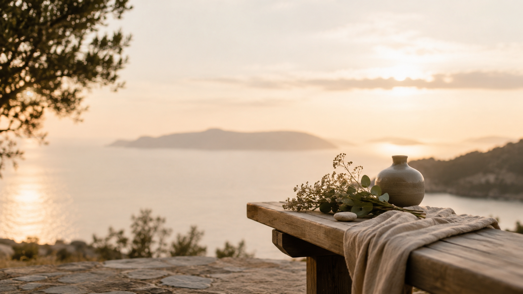 A ceramic vase and a bunch of green leafy flowers on a wooden table with a beige cloth, overlooking a tranquil body of water and distant islands during sunset.
