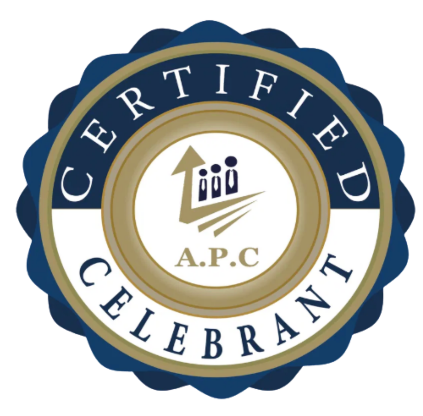 Certification badge with a gold and navy blue border. Inside, there is a white circle with three small figures of people and upward arrow, with lines indicating growth below. Text around the circle reads 'CERTIFIED CELL PHONE REPAIR A.P.C'