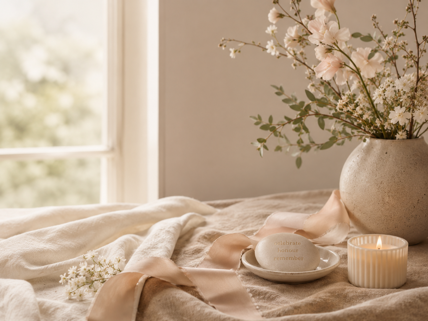 A cozy bedroom scene with a large vase of white and blush flowers on a bed, a lit candle in a white ribbed candle holder, and a stone with the words 'celebrate, honour, remember' inscribed on it, set near a window letting in soft natural light.