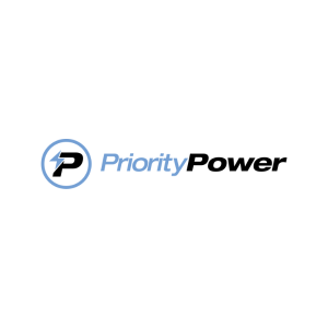 Priority Power logo with a stylized 'P' inside a circle and the company name in black and blue text