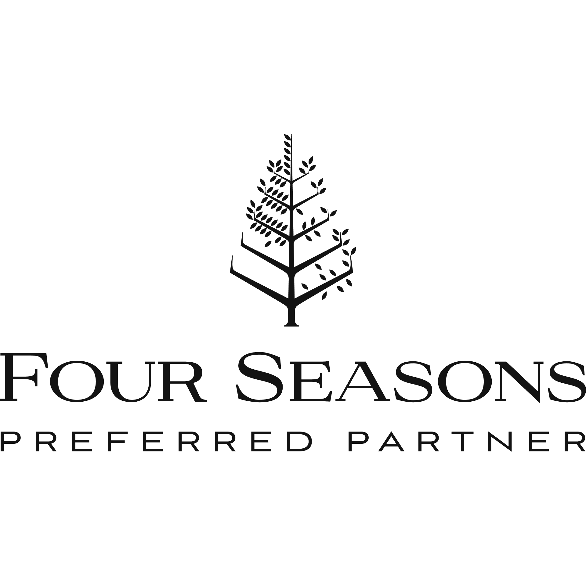 Black background with a simple, minimalist tree graphic in the center. Below the graphic, the text reads "Four Seasons" in large, elegant font, and underneath that in smaller text, "Preferred Partner".
