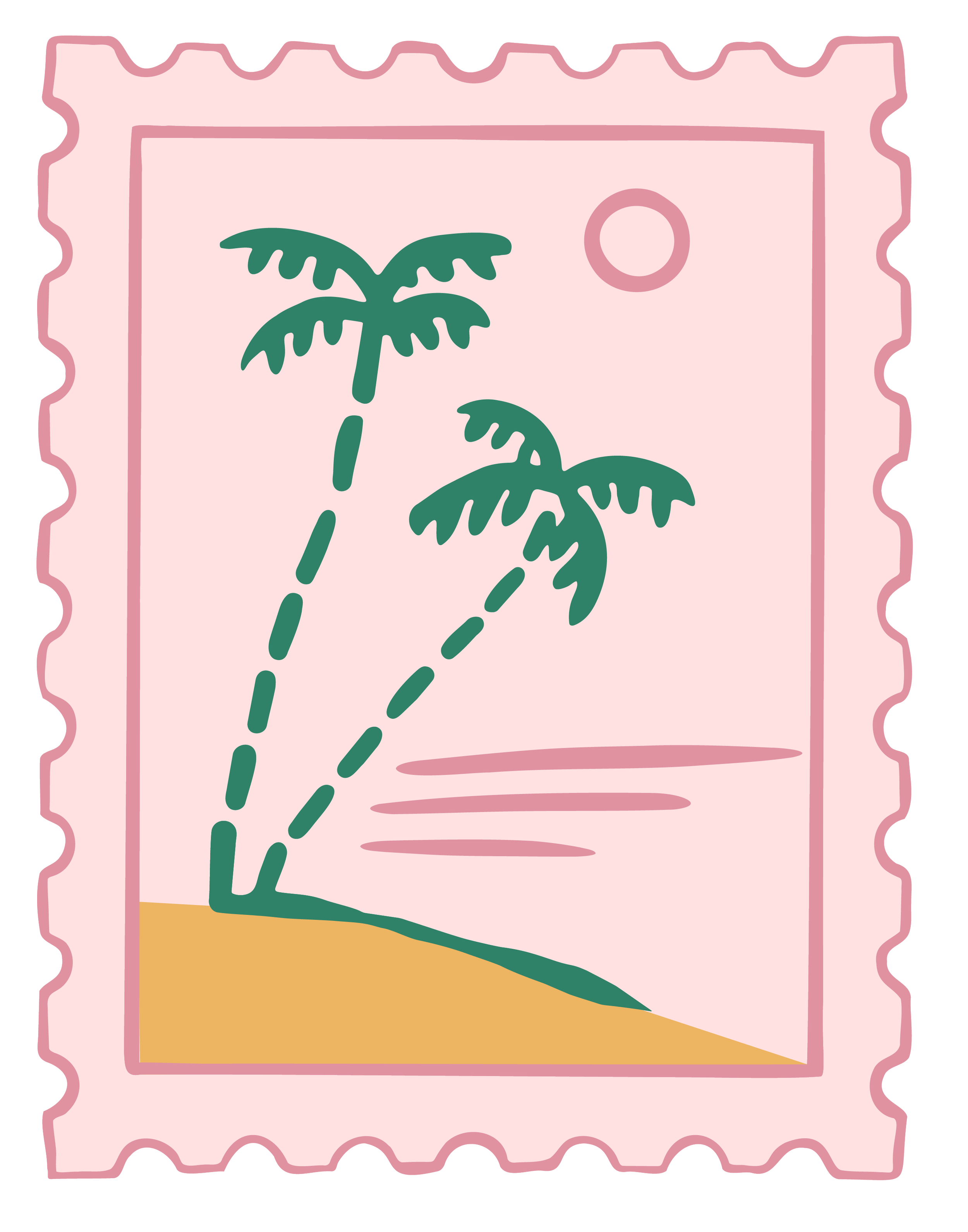 Illustration of a postage stamp with a pink border and a palm tree with dashed lines indicating movement or travel against a pink background.