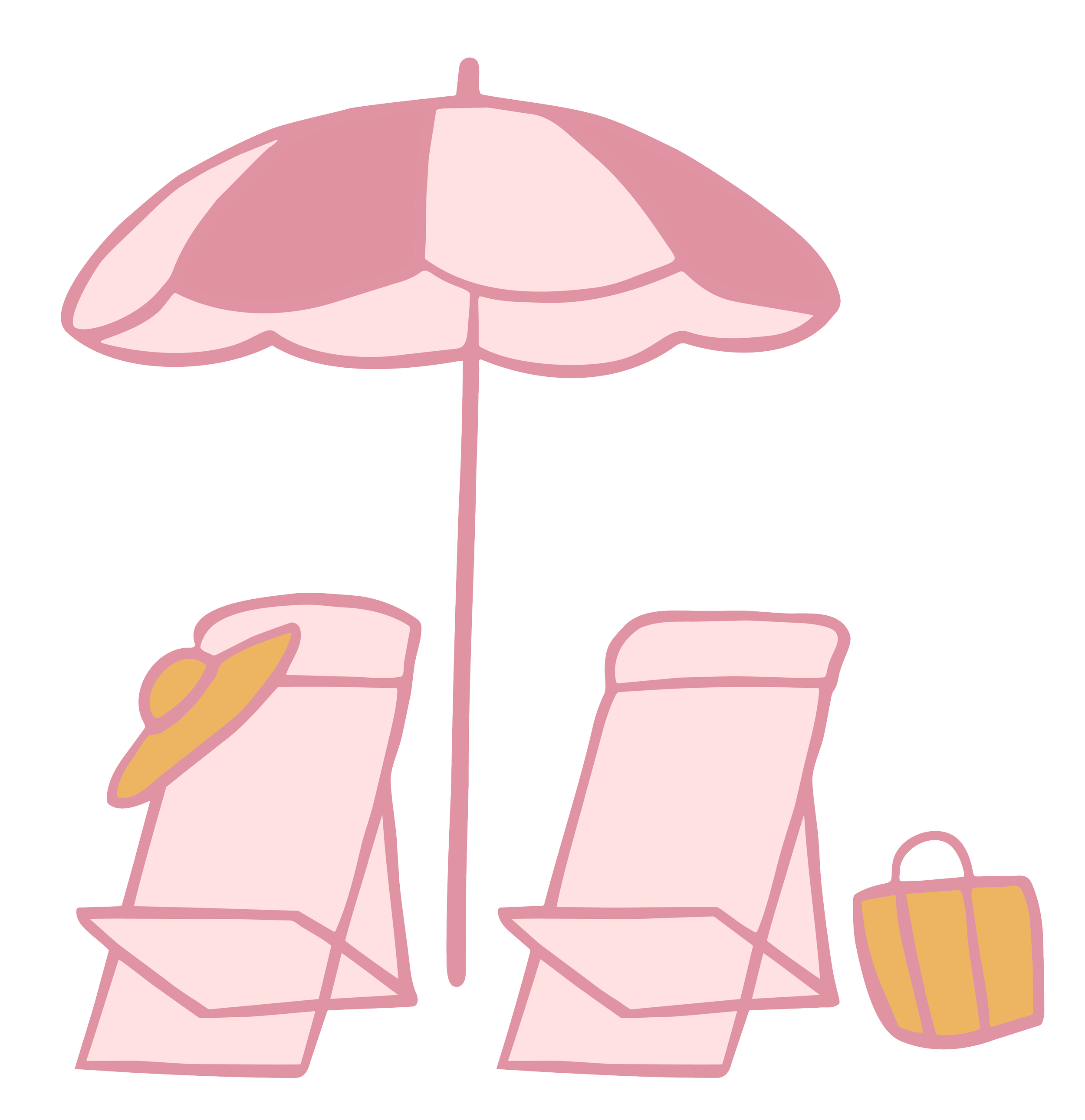 A pink beach umbrella with a beach chair and a tote bag in front of it.