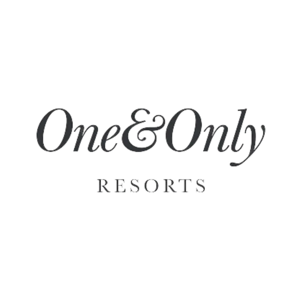 Black logo with cursive text reading 'One&Only' and smaller text below that reads 'Resorts'.