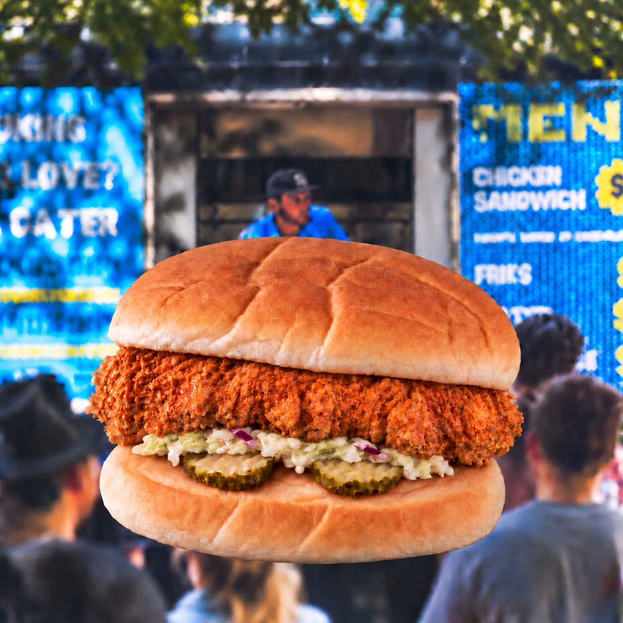 Hand-breaded fried chicken sandwich from Worth's Chicken House, Atlanta food truck