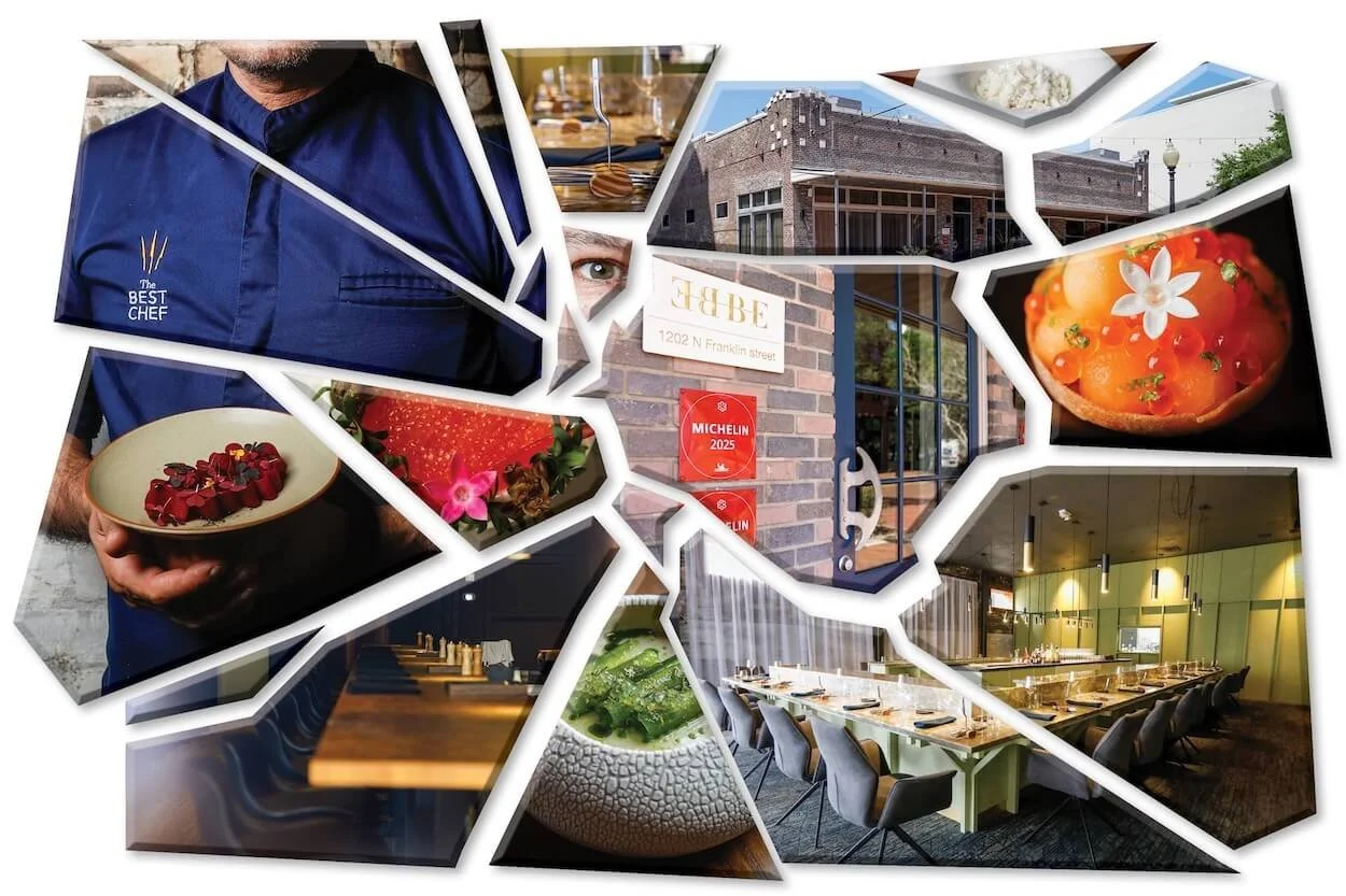 Collage of images including a chef holding a plated dish, restaurant interior, building exterior, food dishes, and a sign for a restaurant called CUBE at 1202 N Franklin Street, with awards plaques, a pizza, a salad, and dining setups.