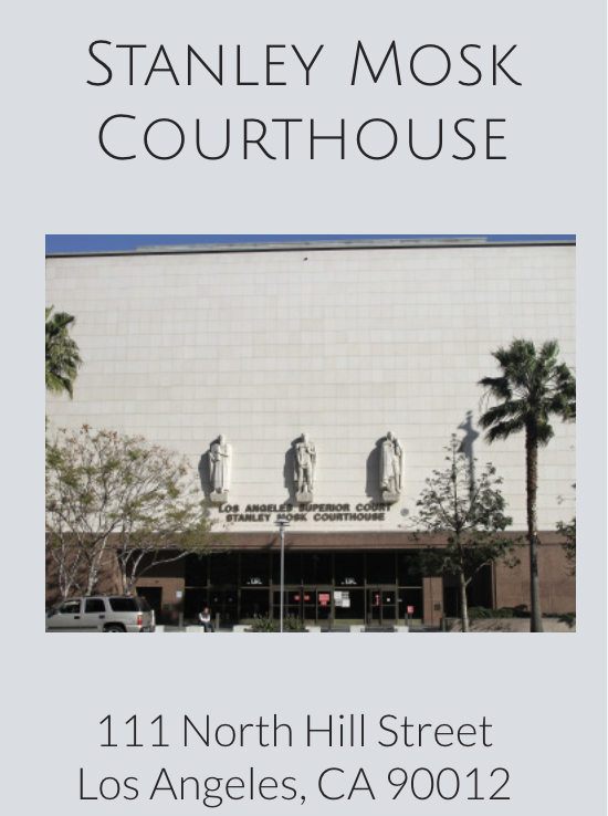 The cover of a brochure or directory card features an image of the Stanley Mosk Courthouse in Los Angeles, California, with the courthouse's facade and statues visible. The text includes the courthouse's name and address at 111 North Hill Street, Los Angeles, CA 90012.