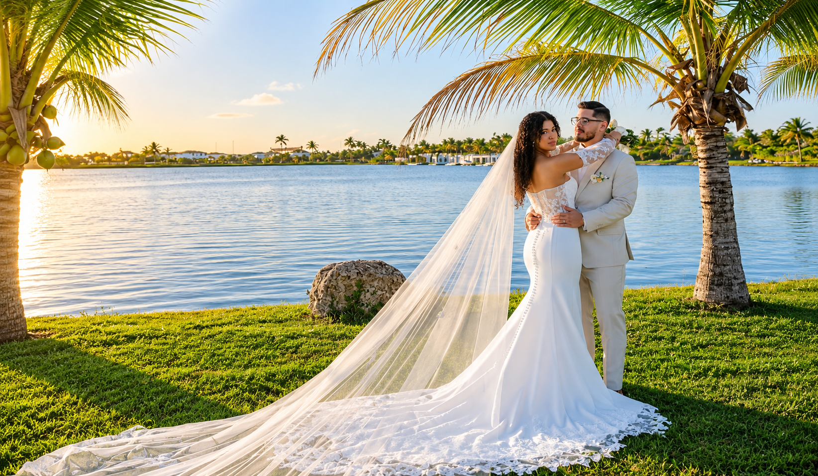 Bride and groom embrace by a lake with palm trees and a sunset in the background.