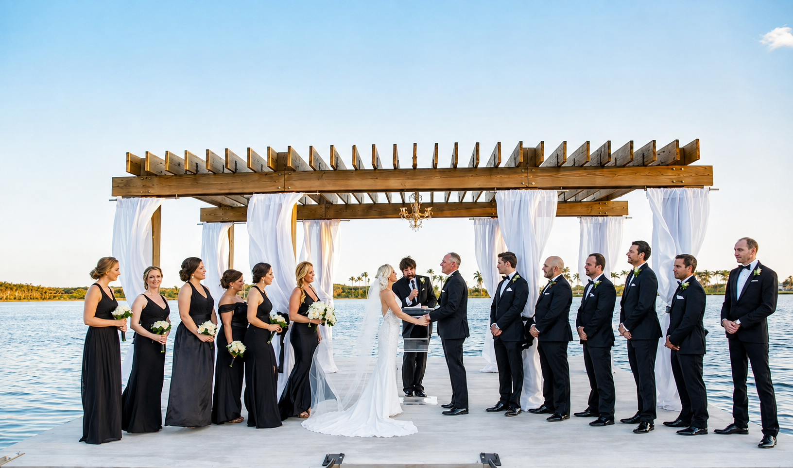 A wedding ceremony taking place on a dock by the water with a wooden pergola decorated with white drapes. The bride and groom are standing at the altar surrounded by bridesmaids and groomsmen, all dressed in formal attire.