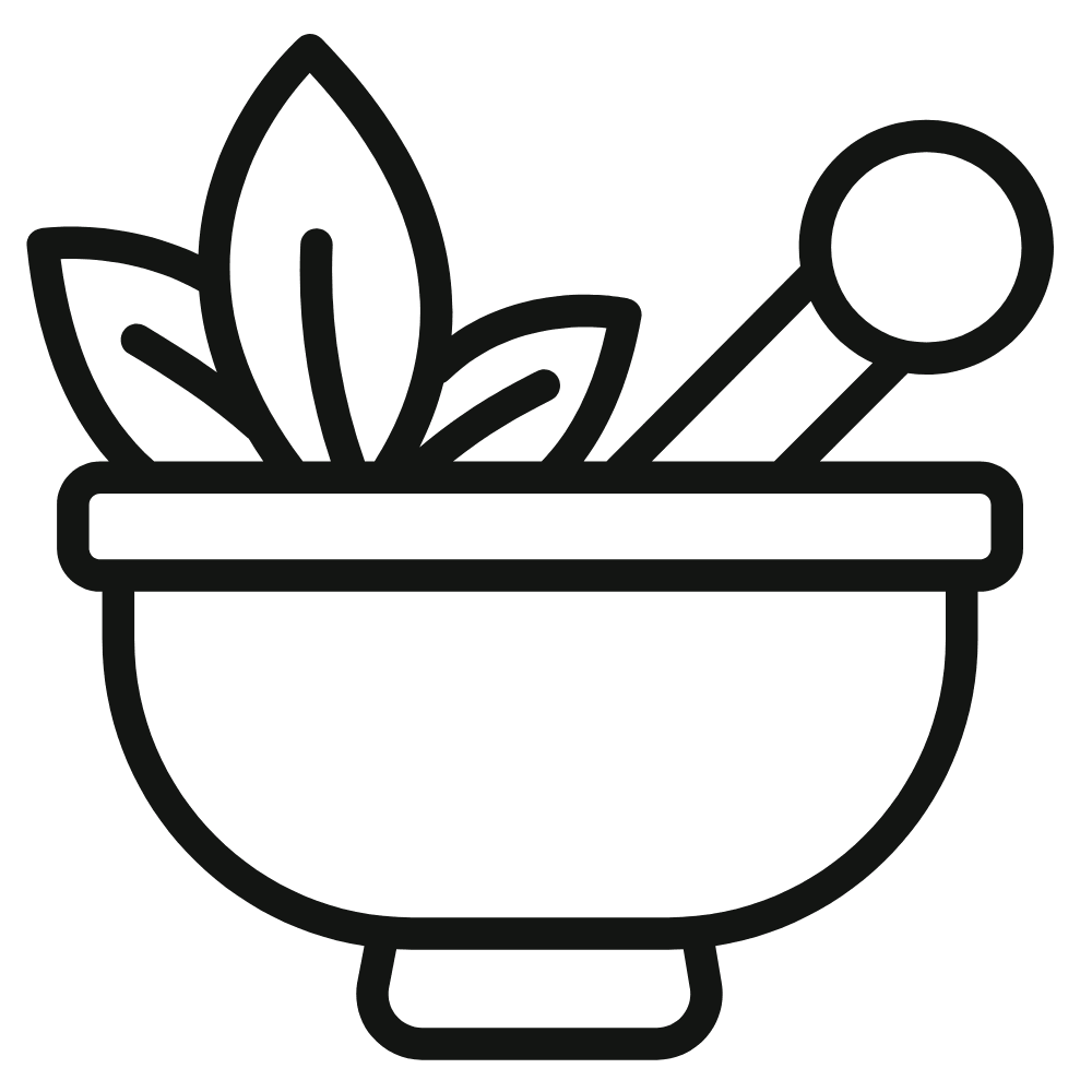 Outline icon of a bowl with leaves and a pestle inside.