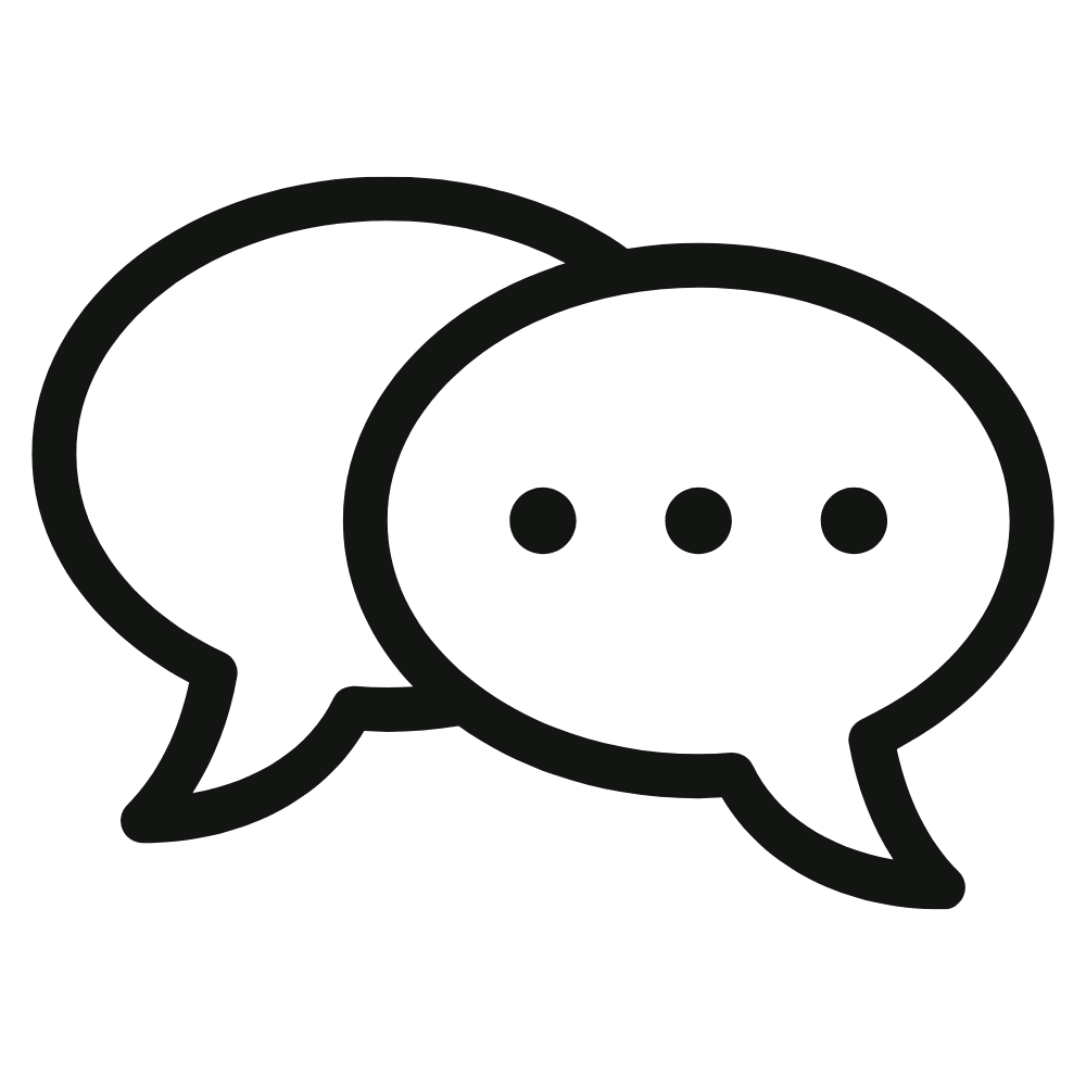 Two overlapping speech bubbles, one with three dots inside, symbolizing conversation or communication.