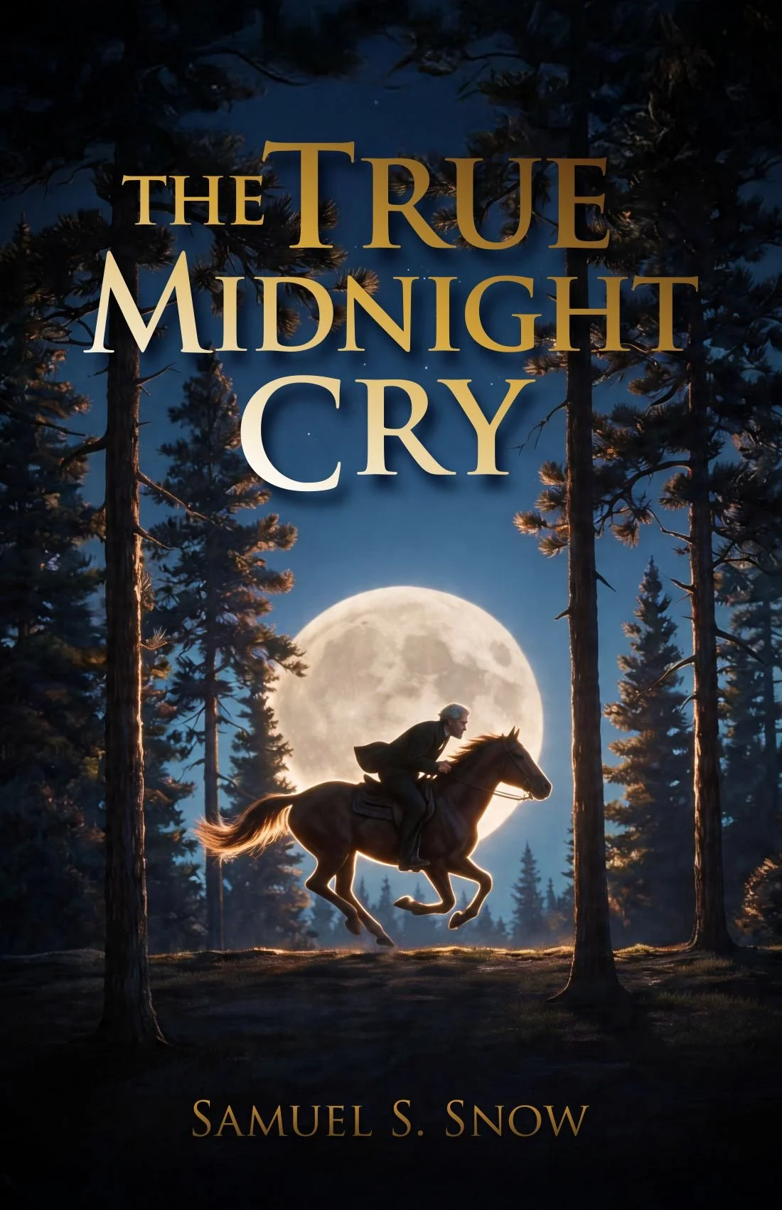 Book cover for 'The True Midnight Cry' by Samuel S. Snow. Shows a man riding a galloping horse through a forest under a full moon with tall trees and a dark sky.