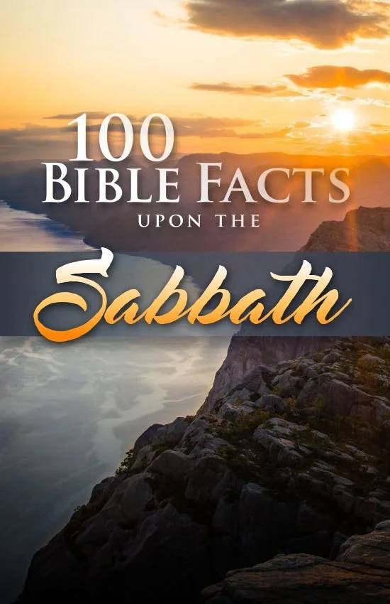 Sunset over a river landscape with rocky cliffs in the foreground, overlaid with the text '100 Bible Facts Upon the Sabbath'.
